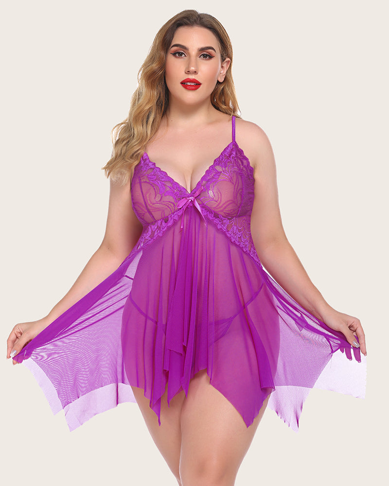 Purple lace babydoll lingerie with tie-front V-neck and sheer skirt