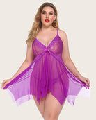 Purple lace babydoll lingerie with tie-front V-neck and sheer skirt