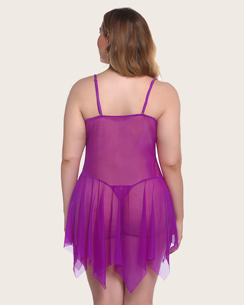 Purple lace babydoll lingerie with strappy back and sheer ruffled hem