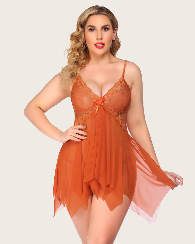 Plus size lace babydoll lingerie in orange with lace cups and bow-tie front