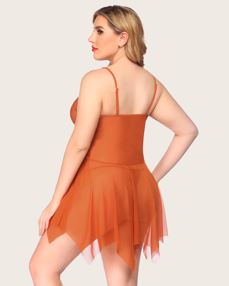 Plus size orange lace babydoll lingerie with thin back straps and layered tulle hem