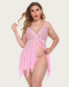 Pink lace babydoll lingerie with floral lace cups, tie-front bodice, thin straps.