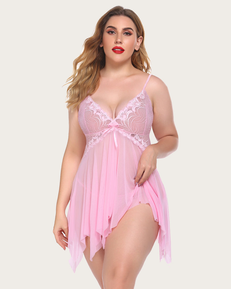 Pink lace babydoll lingerie with deep V lace cups and flowy asymmetrical hem, thin straps.