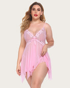 Pink lace babydoll lingerie with deep V lace cups and flowy asymmetrical hem, thin straps.