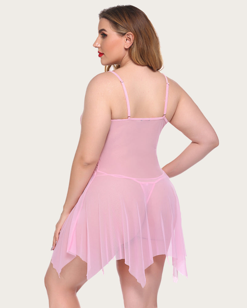 Plus size lace babydoll chemise in light pink, open back and mesh flared hem