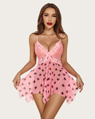 Pink lace babydoll with dark heart print, bow front and spaghetti straps