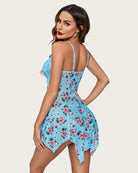 Plus size lace-trim babydoll with blue floral print and lace bust with thin straps