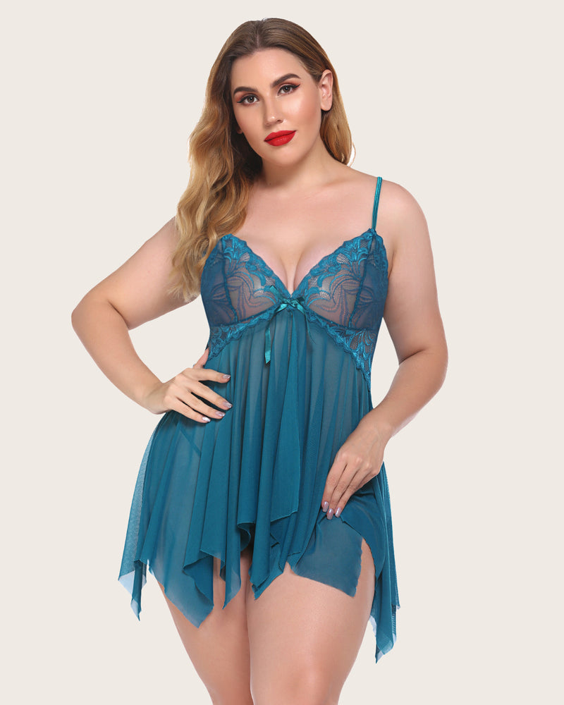 Plus size lace babydoll lingerie in teal blue with lace cups and tie front