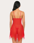 Red lace babydoll nightgown, open back with thin straps and layered tulle hem