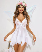 White lace babydoll lingerie with scalloped cups and tie-front, thin straps.