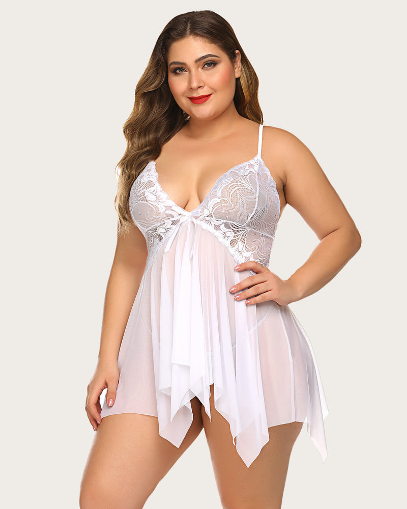 White lace babydoll lingerie with lace cups, tie-front bodice, and flowy asymmetrical hem.