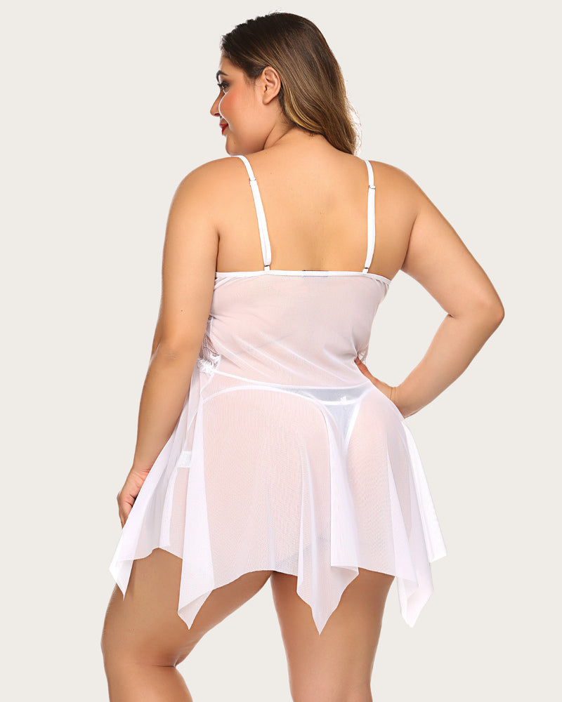 Plus size lace babydoll lingerie in white, thin back straps, sheer high-low tulle skirt