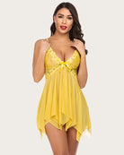 Yellow lace babydoll lingerie with underwire cups and bow-tied front