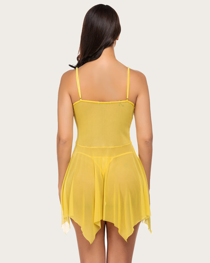Yellow lace babydoll lingerie, back view with thin straps and open hem