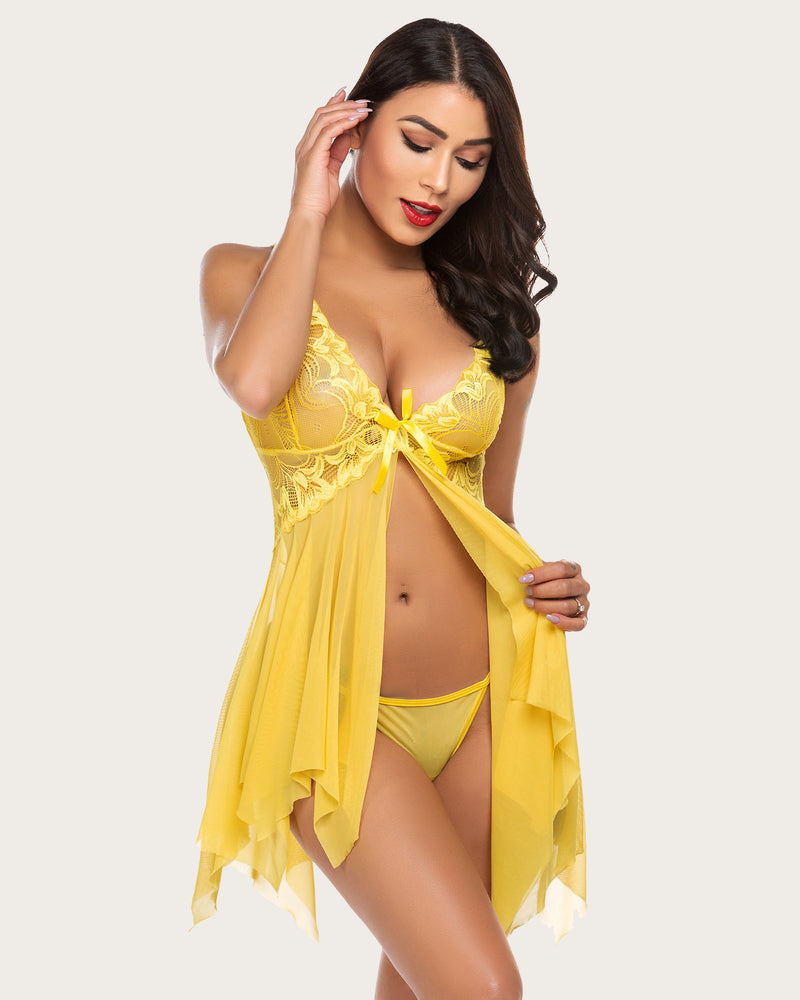 Yellow lace babydoll lingerie with side slit and matching panty set