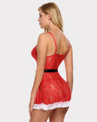 Red lace babydoll chemise with open back, thin straps, black belt, white lace hem
