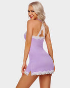 Light purple cotton chemise slip dress with lace open back and scalloped hem