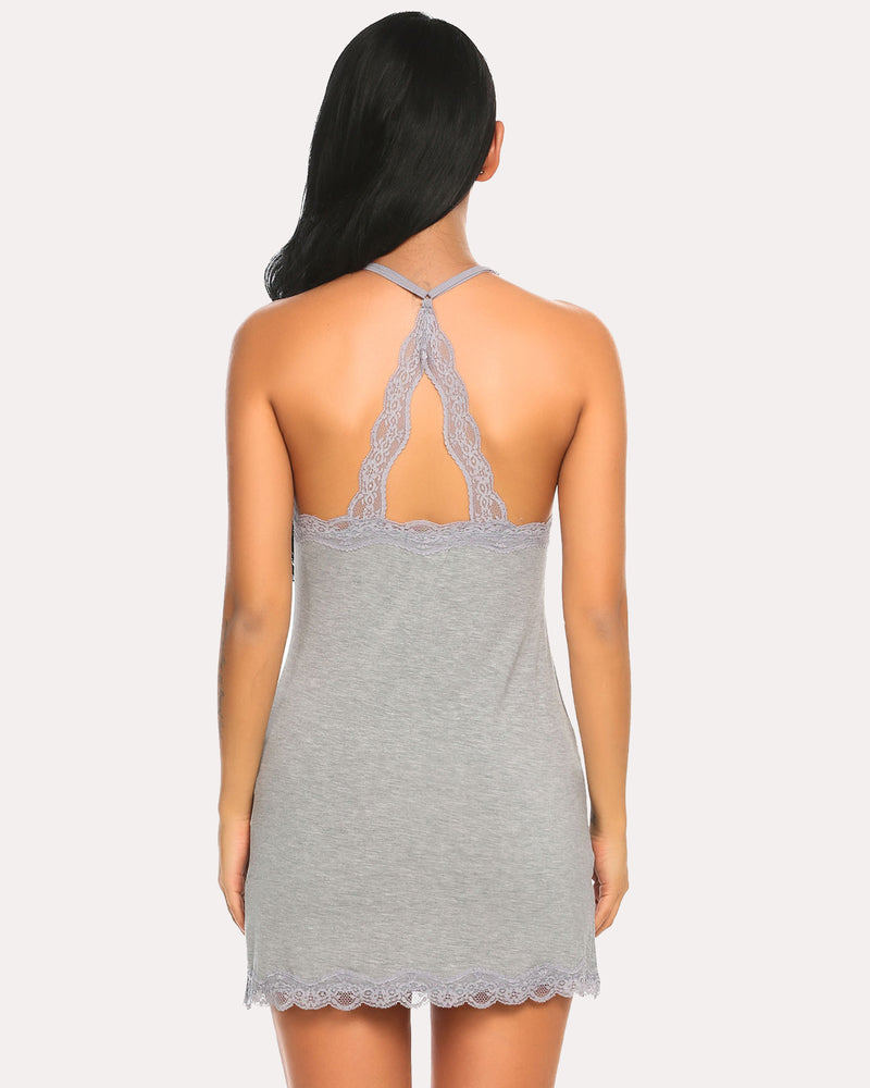 Light gray cotton slip chemise with lace keyhole-back strap and scalloped hem