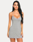 Light gray cotton slip chemise with lace V-neck and scalloped hem