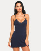 Navy blue cotton slip chemise with lace V-neck and scalloped hem