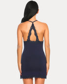 Dark blue cotton chemise slip dress with lace racerback and scalloped hem