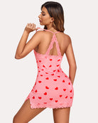 Pink heart print chemise, open-back lace with crisscross straps and scalloped hem
