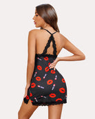 Black backless full slip chemise lingerie with red lip print and lace edging