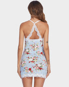 Back view of floral lace cotton full slip dress in light blue with white lace straps
