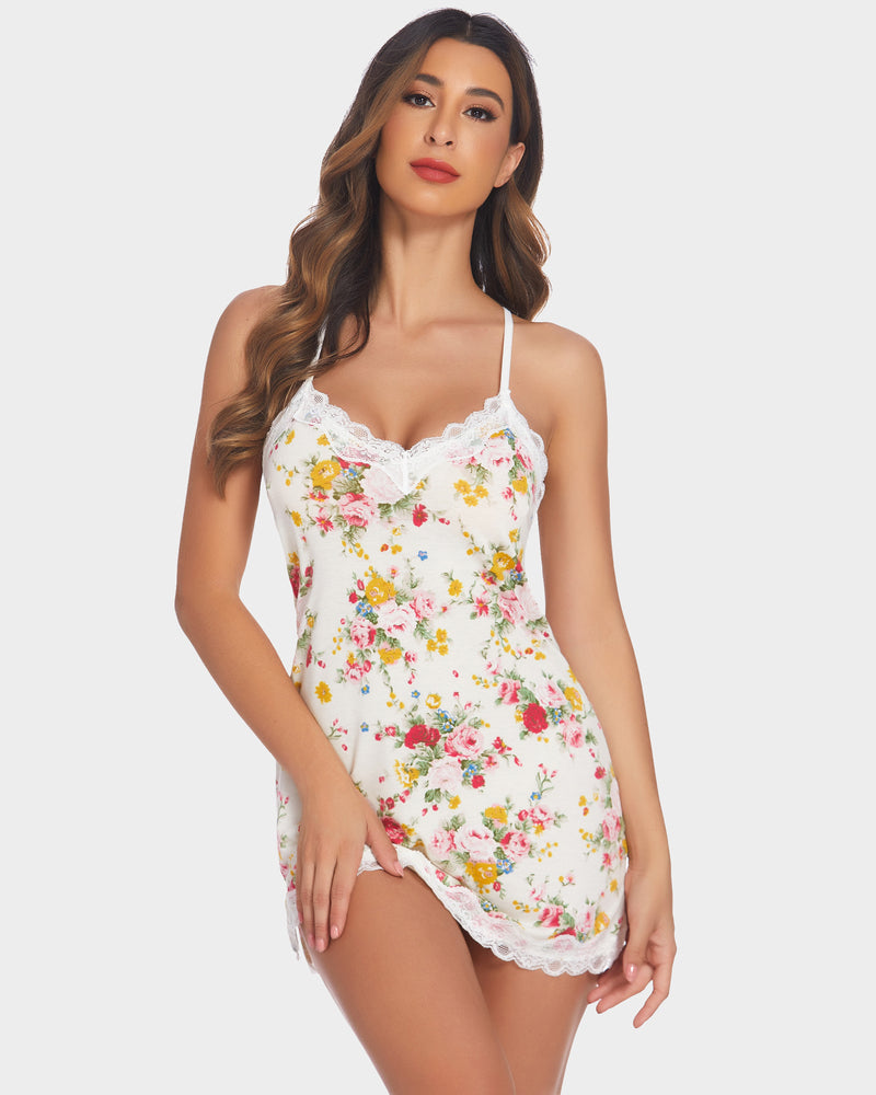 Floral print cotton nightgown, white with colorful rose pattern, lace trim and spaghetti straps