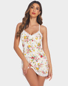 Floral print cotton nightgown, white with colorful rose pattern, lace trim and spaghetti straps