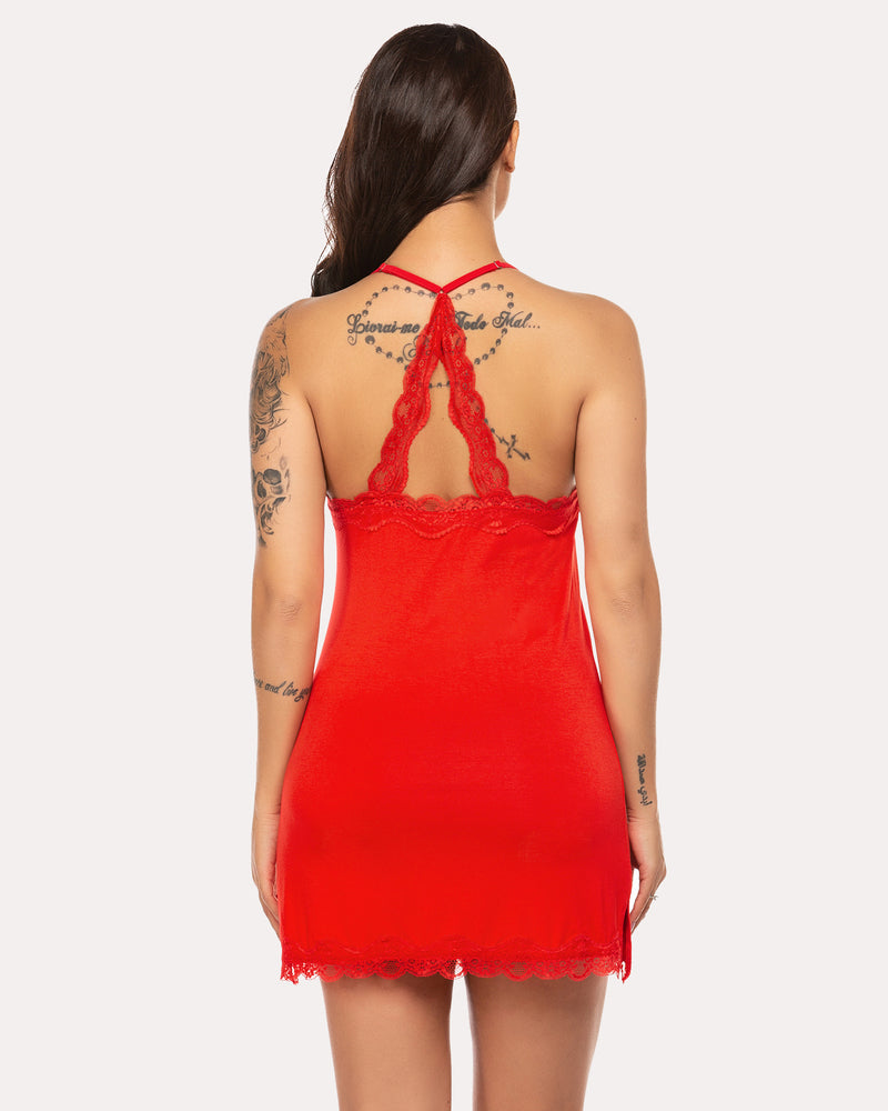 Red backless chemise lingerie with lace halter straps and scalloped hem