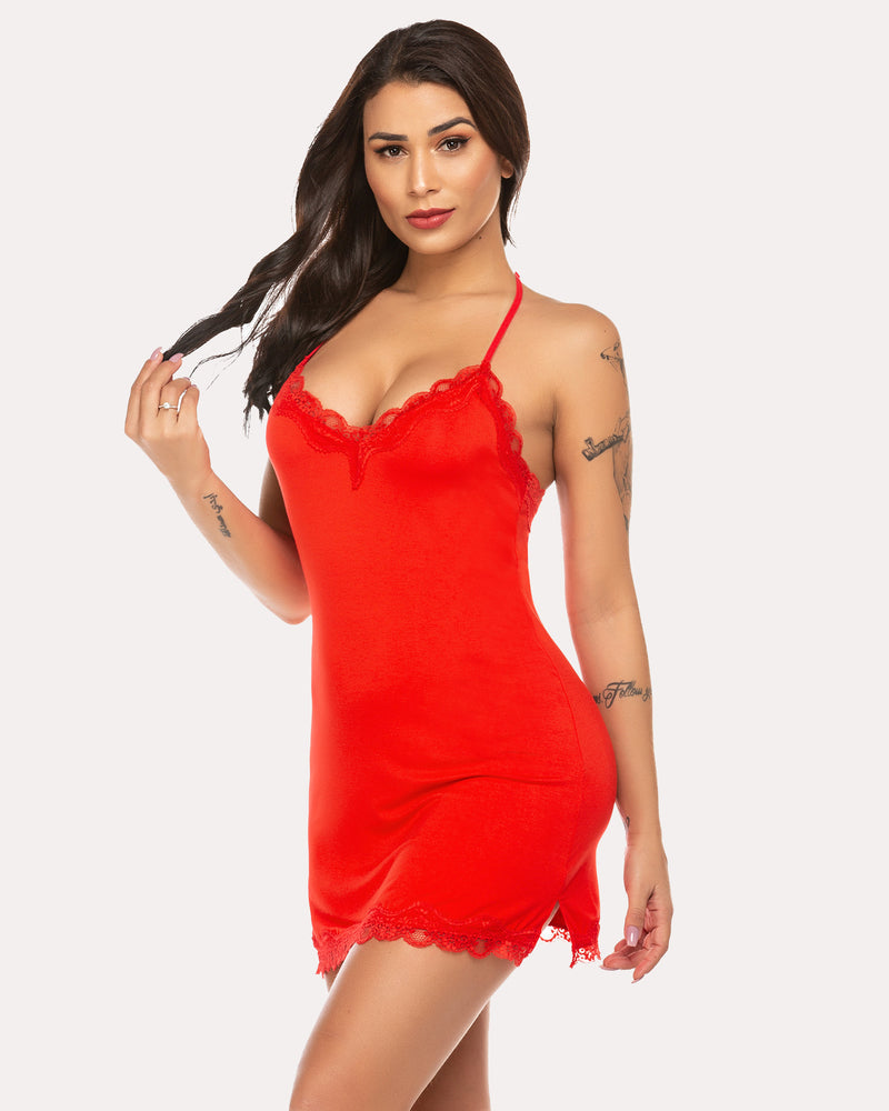 Red chemise lingerie with lace V neckline and scalloped lace hem