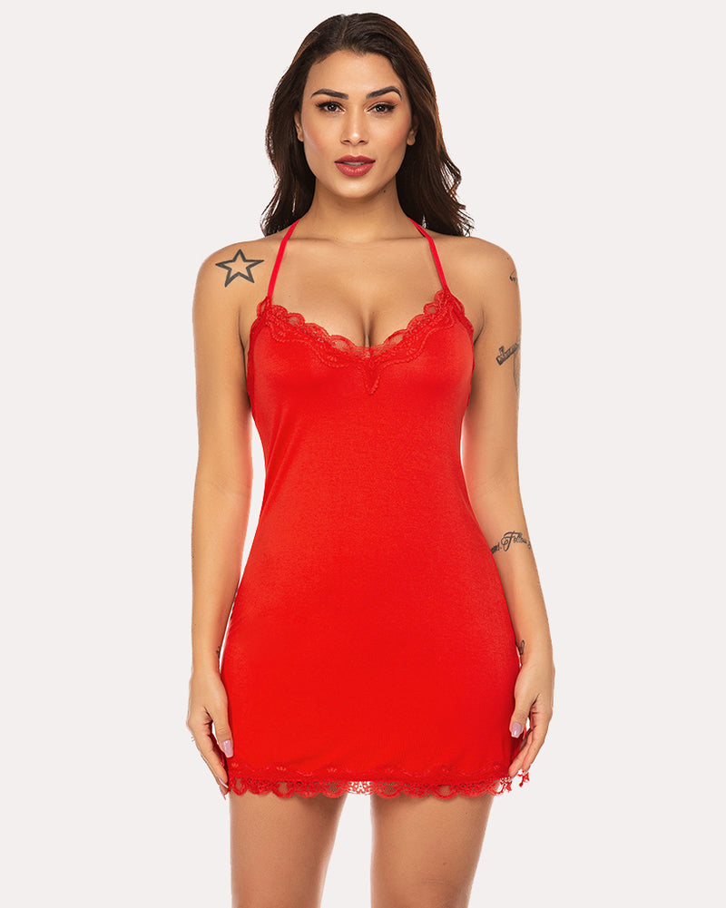 Red lace-trim chemise lingerie with V neckline and scalloped lace hem