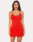 Red cotton chemise slip dress with lace trim straps and scalloped hem