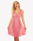 Pink lace chemise nighty with V-neck lace bodice, sleeveless flared skirt