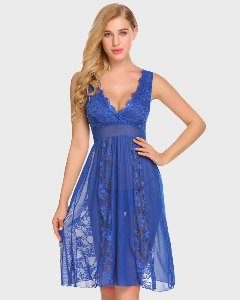 Lace chemise nighty with V-neck lace bodice, sheer mesh skirt, sleeveless, purple blue