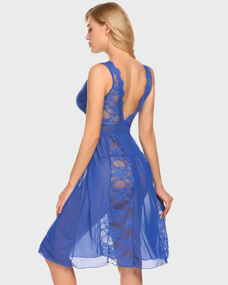 Lace chemise nighty with lace back panel, sheer mesh skirt, sleeveless, blue