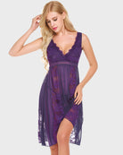 Lace chemise nighty with V-neck lace bodice, sheer mesh skirt, sleeveless, purple