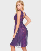 Purple lace chemise nighty with V-neck and lace panel, sleeveless