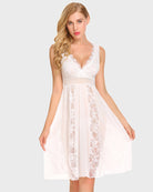 Lace chemise nighty with V-neck lace bodice, sheer mesh skirt, sleeveless, white