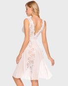 Lace chemise nighty with lace back panel, sheer mesh skirt, sleeveless, white