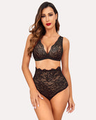 Black lace high-waist bra and panty set with scalloped trim
