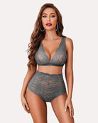 Gray lace high-waist bra and panty set, plunge triangle bralette and matching briefs