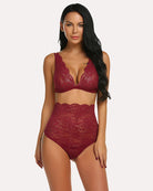 Wine red lace high-waist bra and panty set, scalloped triangle bralette and briefs