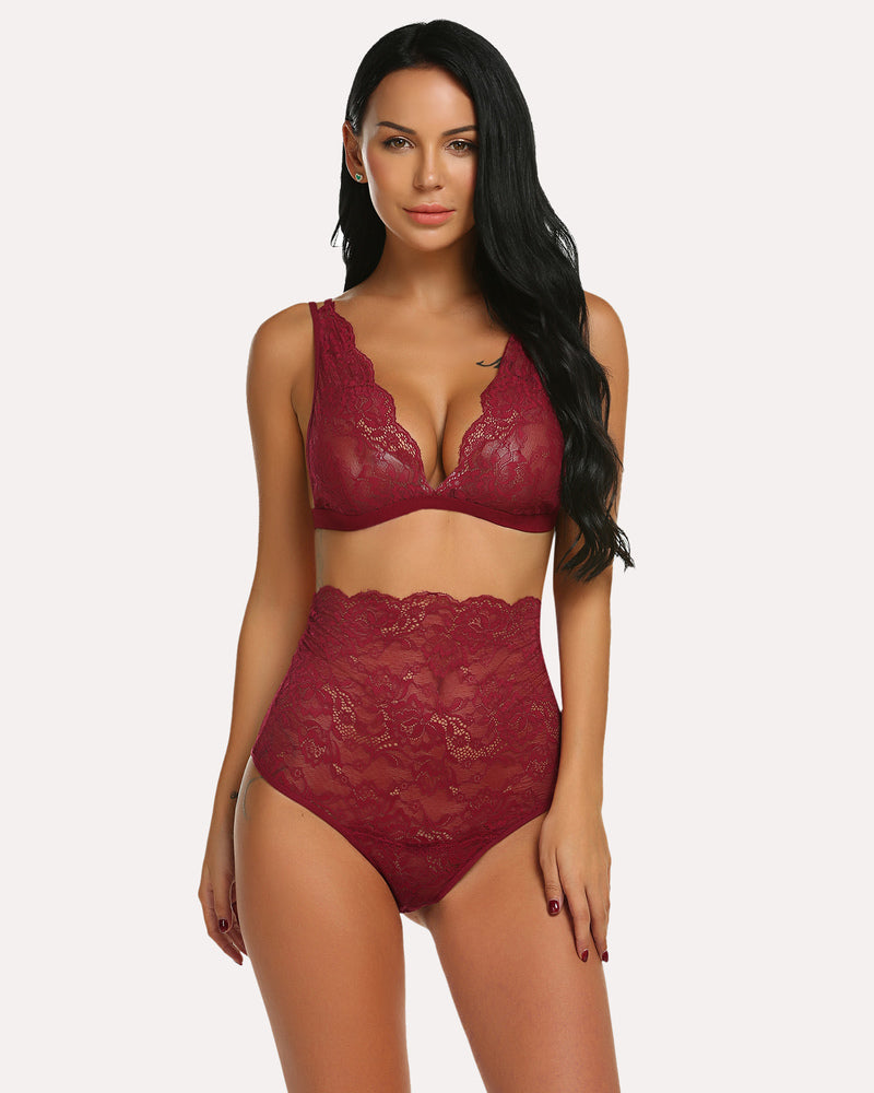 Wine red lace high-waist bra and panty set, scalloped triangle bralette and briefs