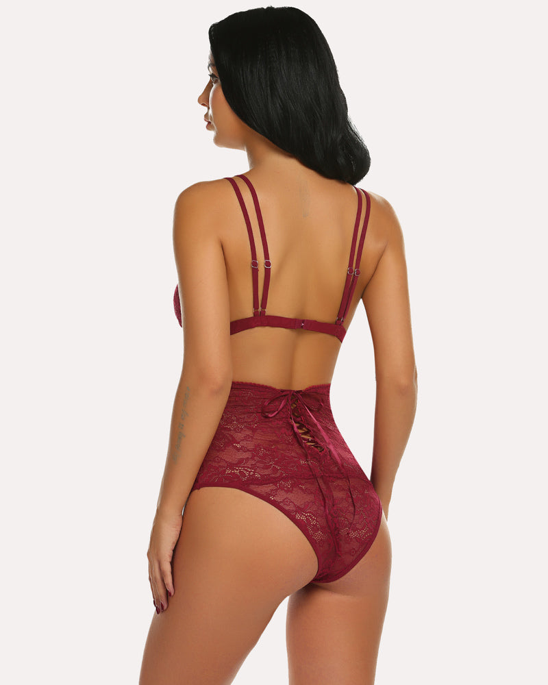 Wine red lace high-waist bra and panty set, strappy open-back bralette and briefs