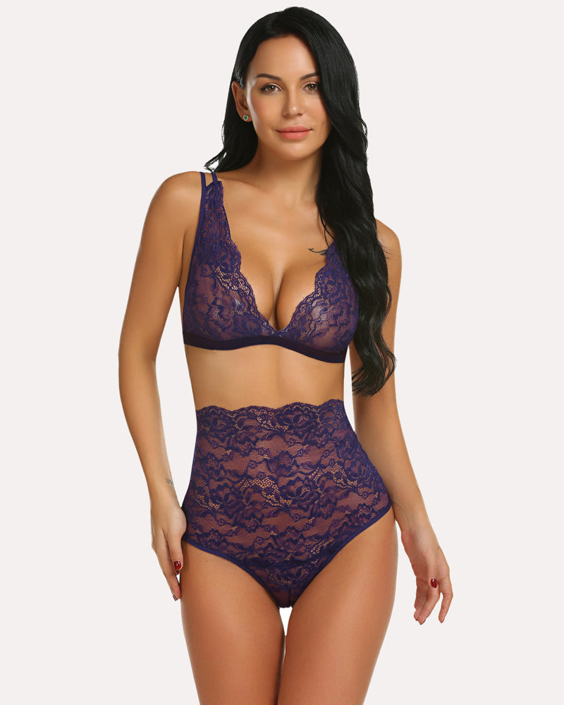 Purple lace high-waist bra and panty set, triangle bralette and matching lace briefs