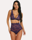 Purple lace high-waist bra and panty set, triangle bralette and matching lace briefs