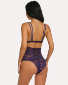 Purple lace high-waist bra and panty set, open-back bralette with lace high-waist briefs