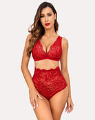 Red lace bra and high-waist panty set with V-neck cups